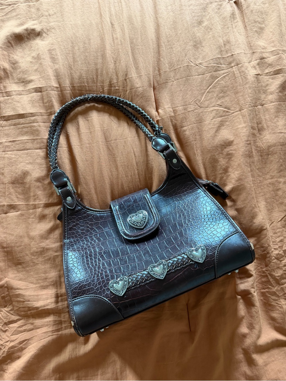 Braided Handle Dark Brown Croc-Embossed Shoulder Bag with Heart Accents